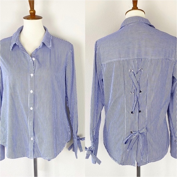 Sanctuary Tops - Sanctuary Tie Lace Top Pinstriped Blue Size S